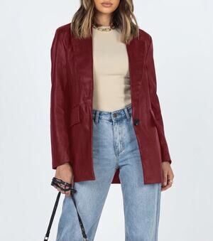 ⁠Womens Burgundy Red Faux Leather Blazer Structured Notch Lapel PU Button Jacket
